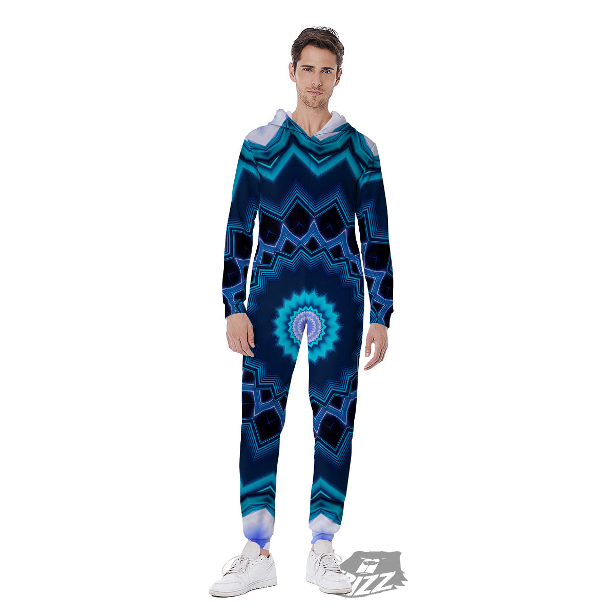 Kaleidoscope Blue Crystal Print Men's Jumpsuit-grizzshop