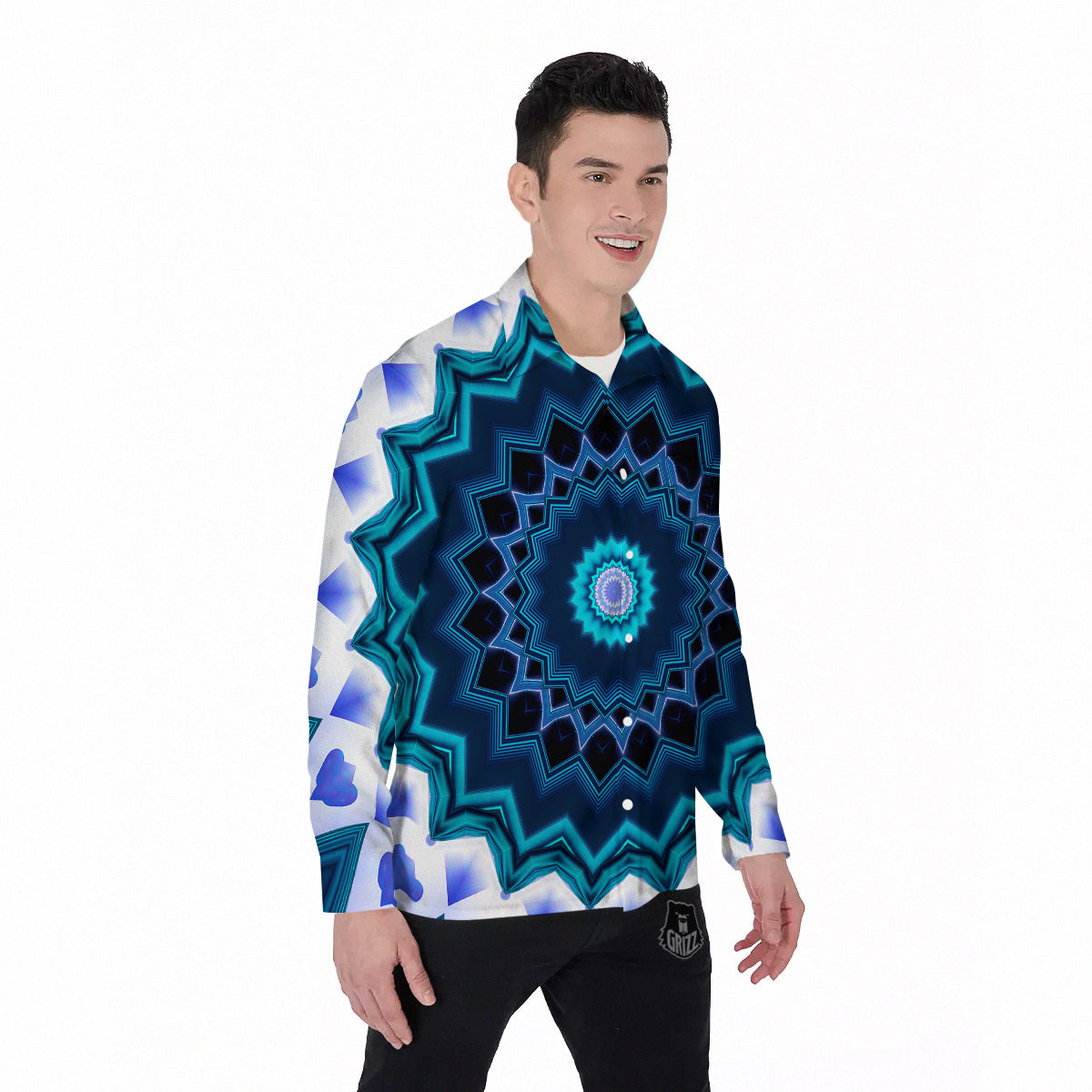 Kaleidoscope Blue Crystal Print Men's Long Sleeve Shirts-grizzshop
