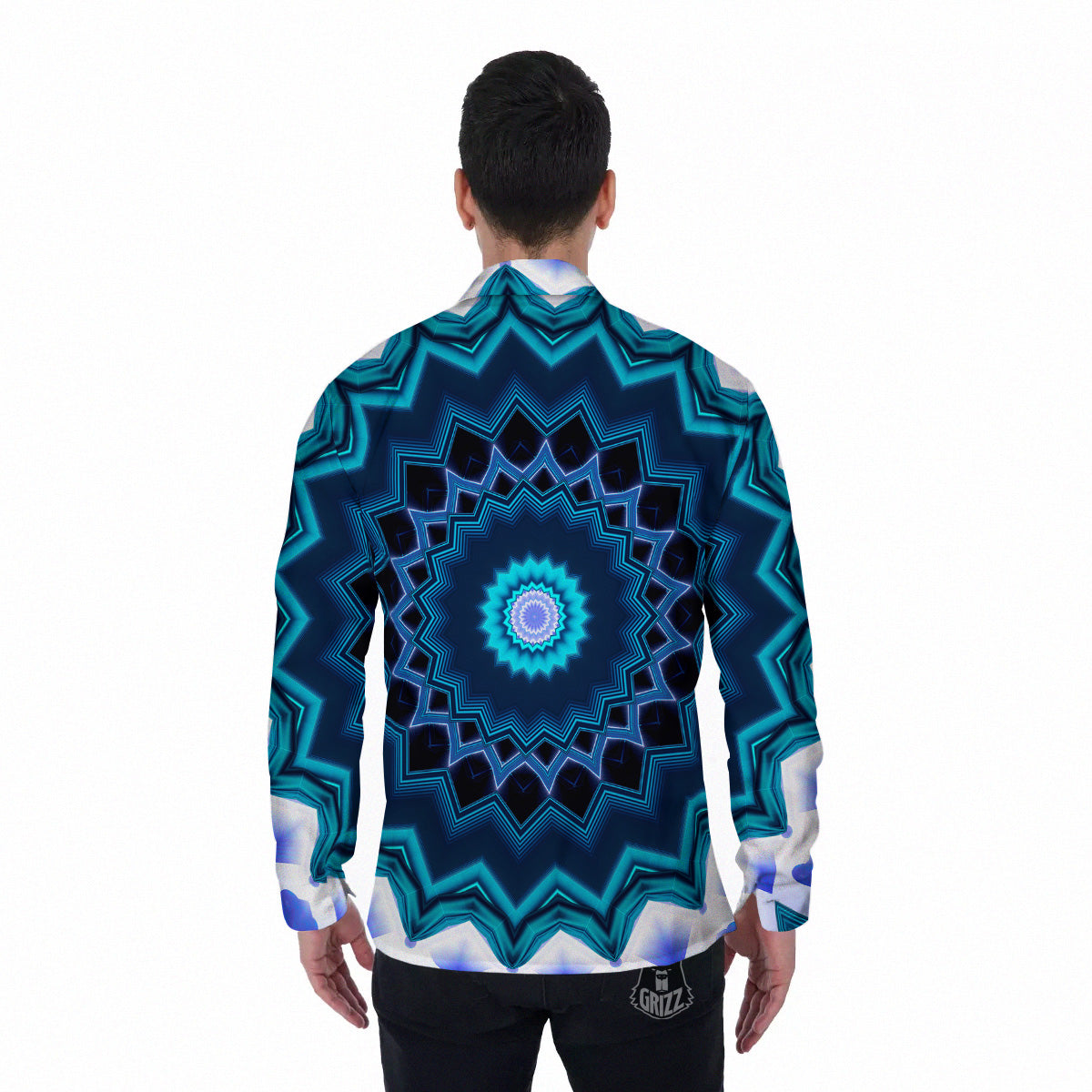 Kaleidoscope Blue Crystal Print Men's Long Sleeve Shirts-grizzshop
