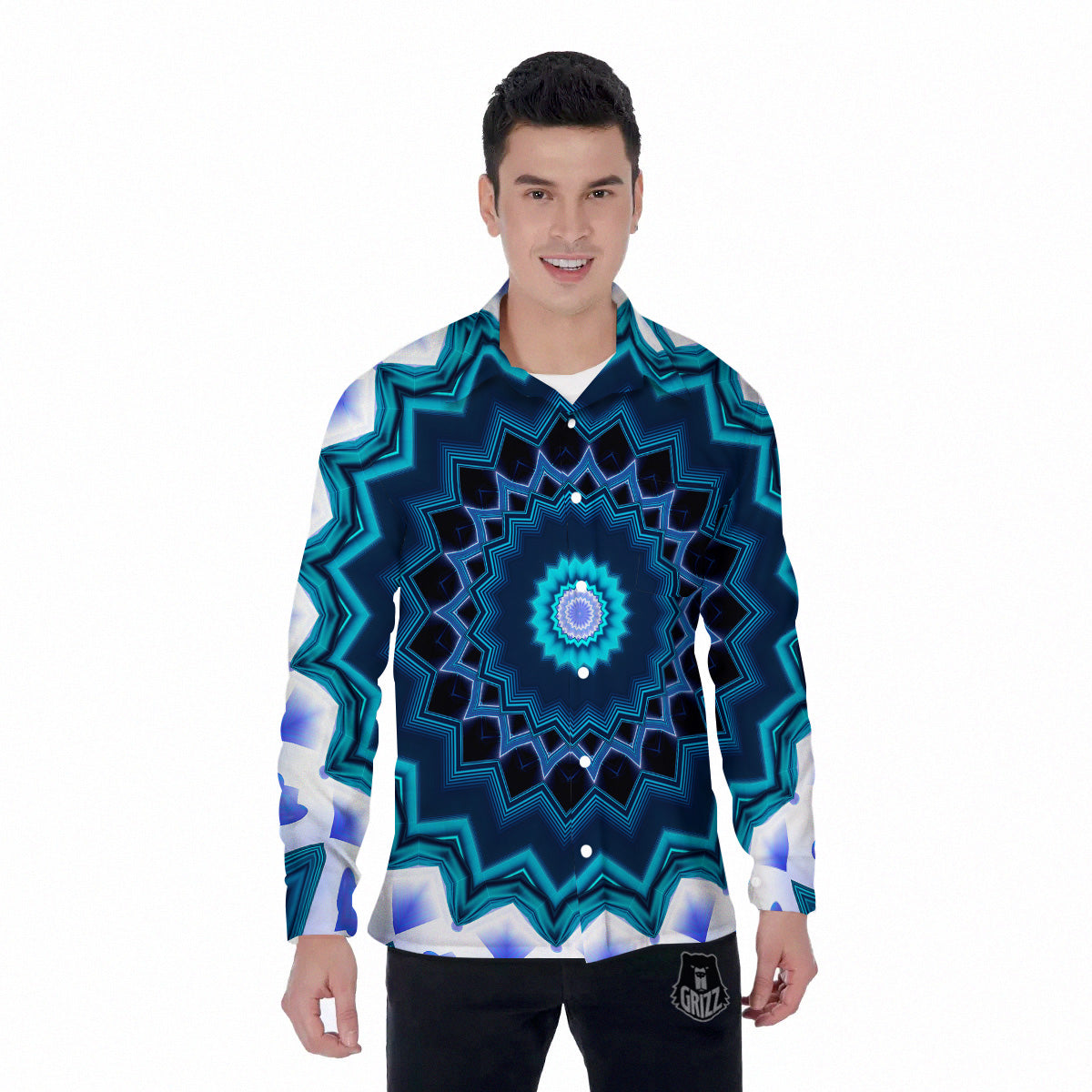 Kaleidoscope Blue Crystal Print Men's Long Sleeve Shirts-grizzshop