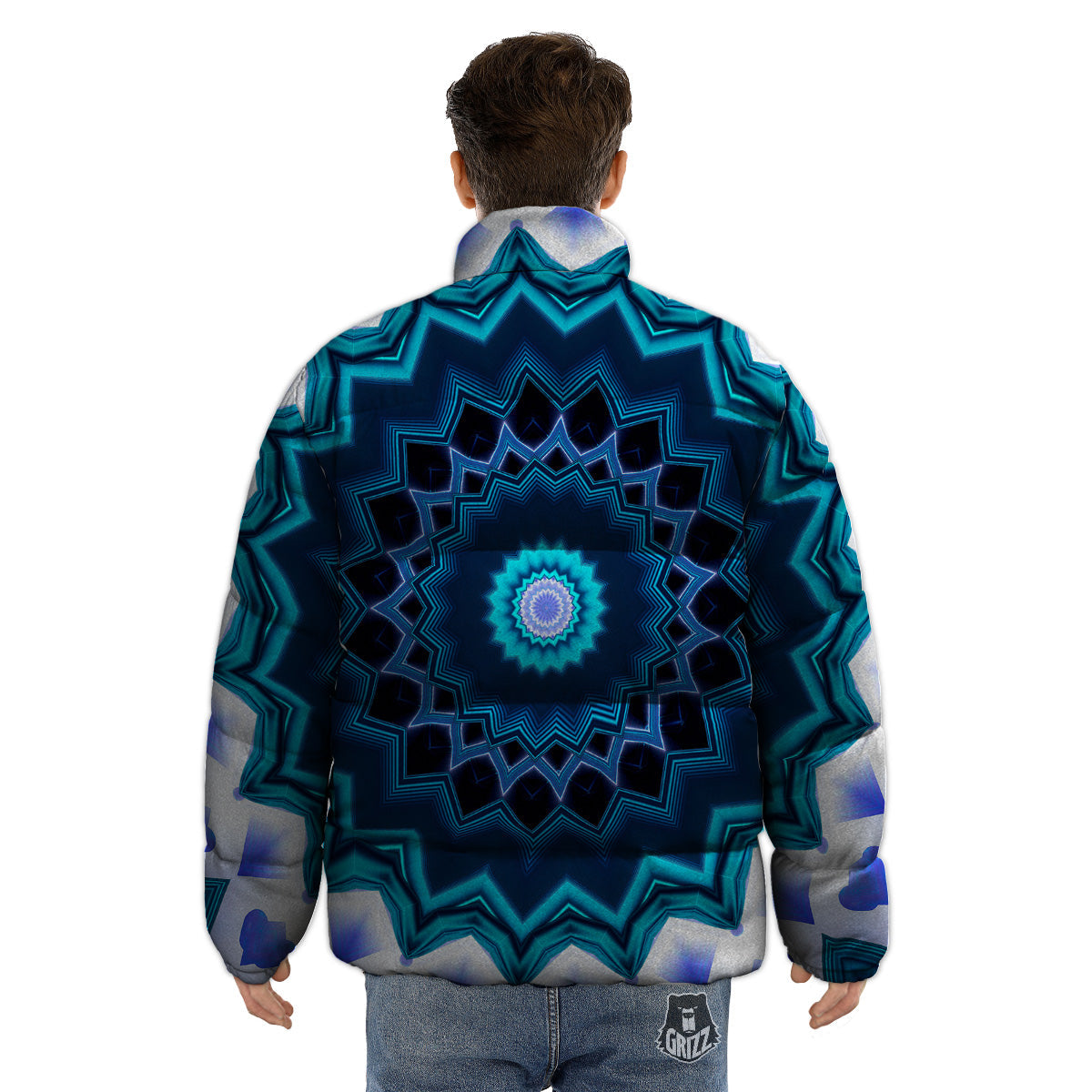 Kaleidoscope Blue Crystal Print Puffer Jacket-grizzshop
