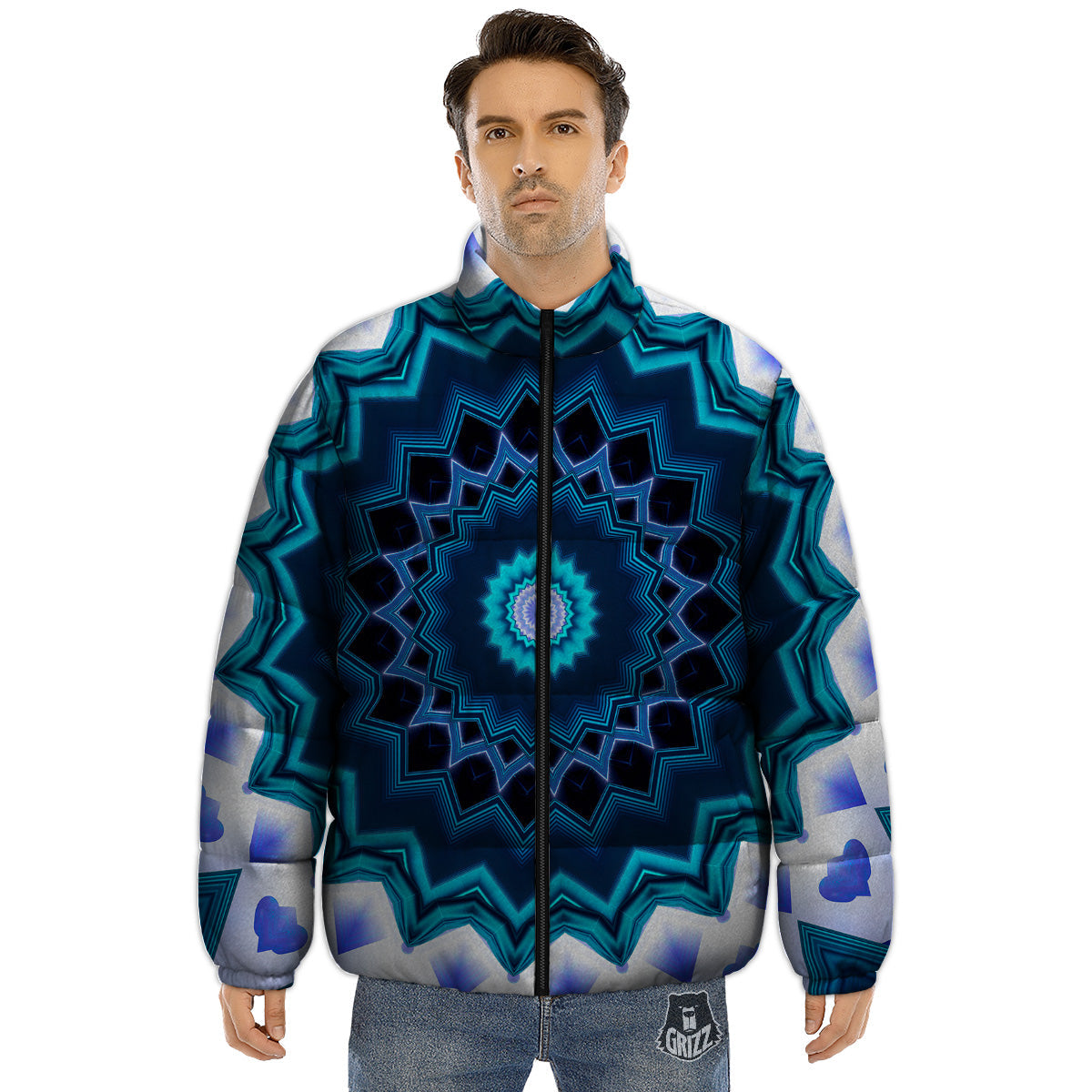 Kaleidoscope Blue Crystal Print Puffer Jacket-grizzshop