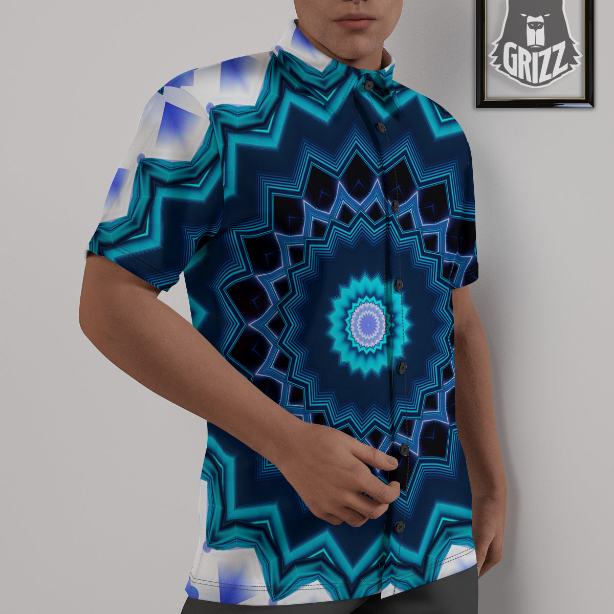 Kaleidoscope Blue Crystal Print Untucked Shirts-grizzshop