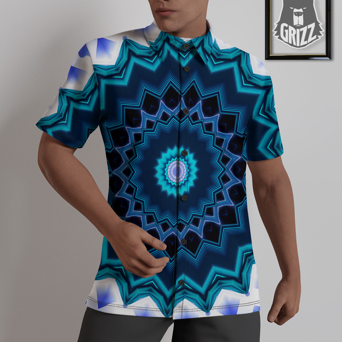 Kaleidoscope Blue Crystal Print Untucked Shirts-grizzshop