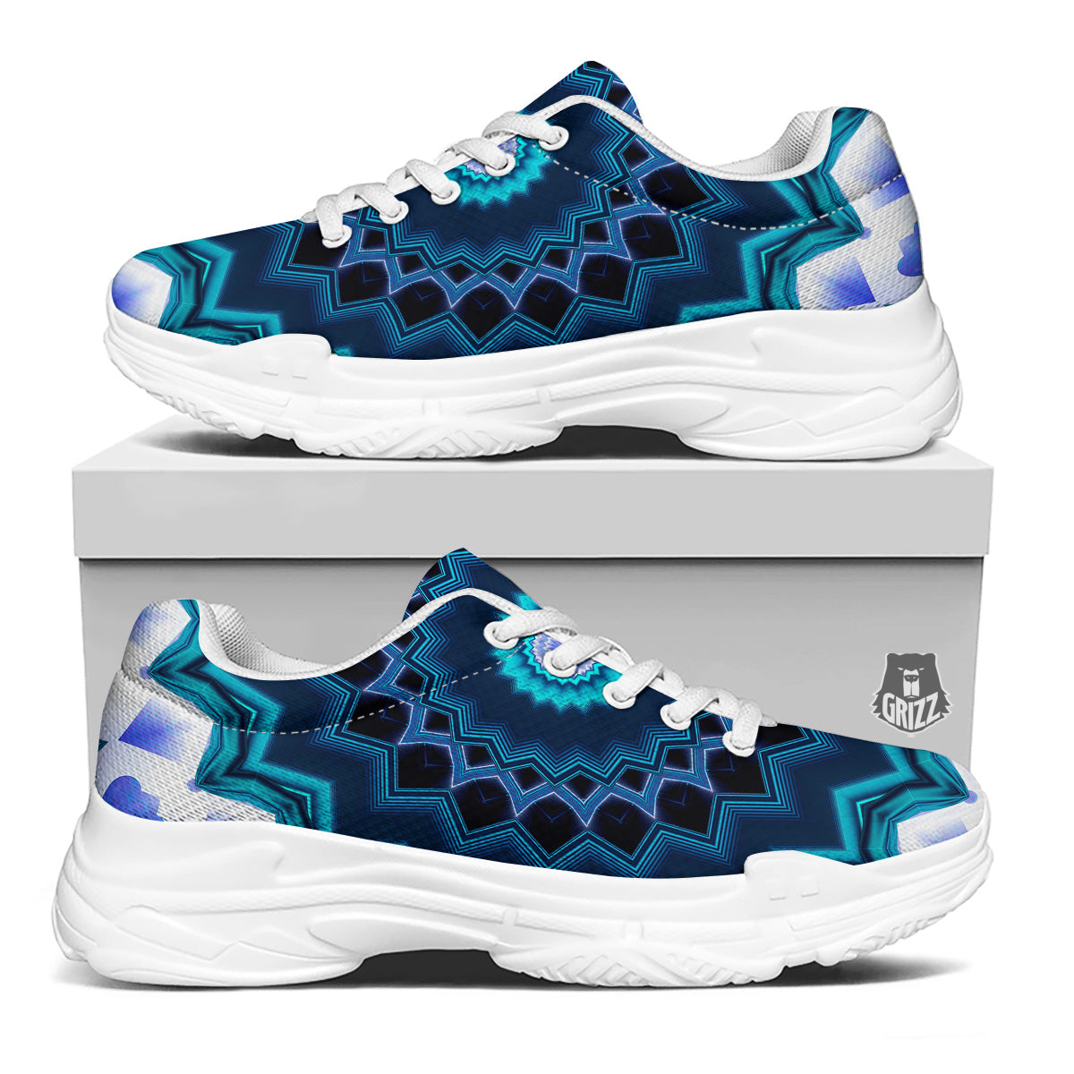 Kaleidoscope Blue Crystal Print White Chunky Shoes-grizzshop