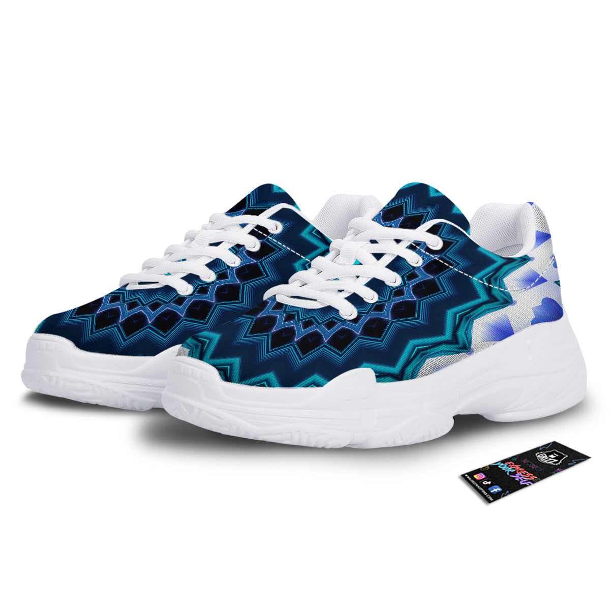 Kaleidoscope Blue Crystal Print White Chunky Shoes-grizzshop