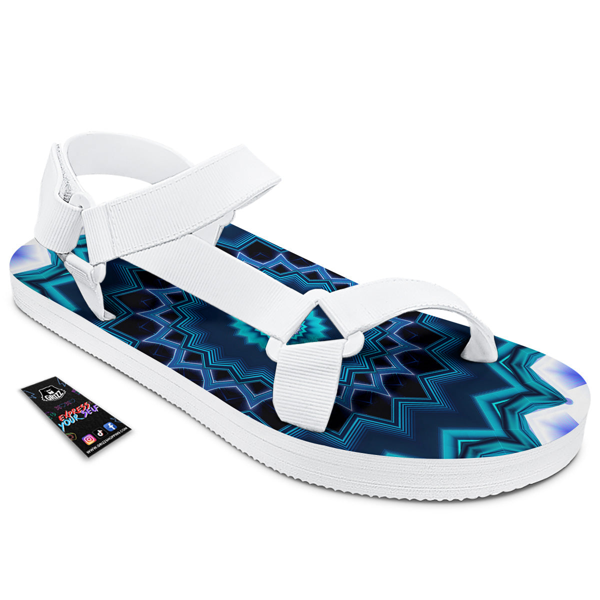 Kaleidoscope Blue Crystal Print White Open Toe Sandals-grizzshop