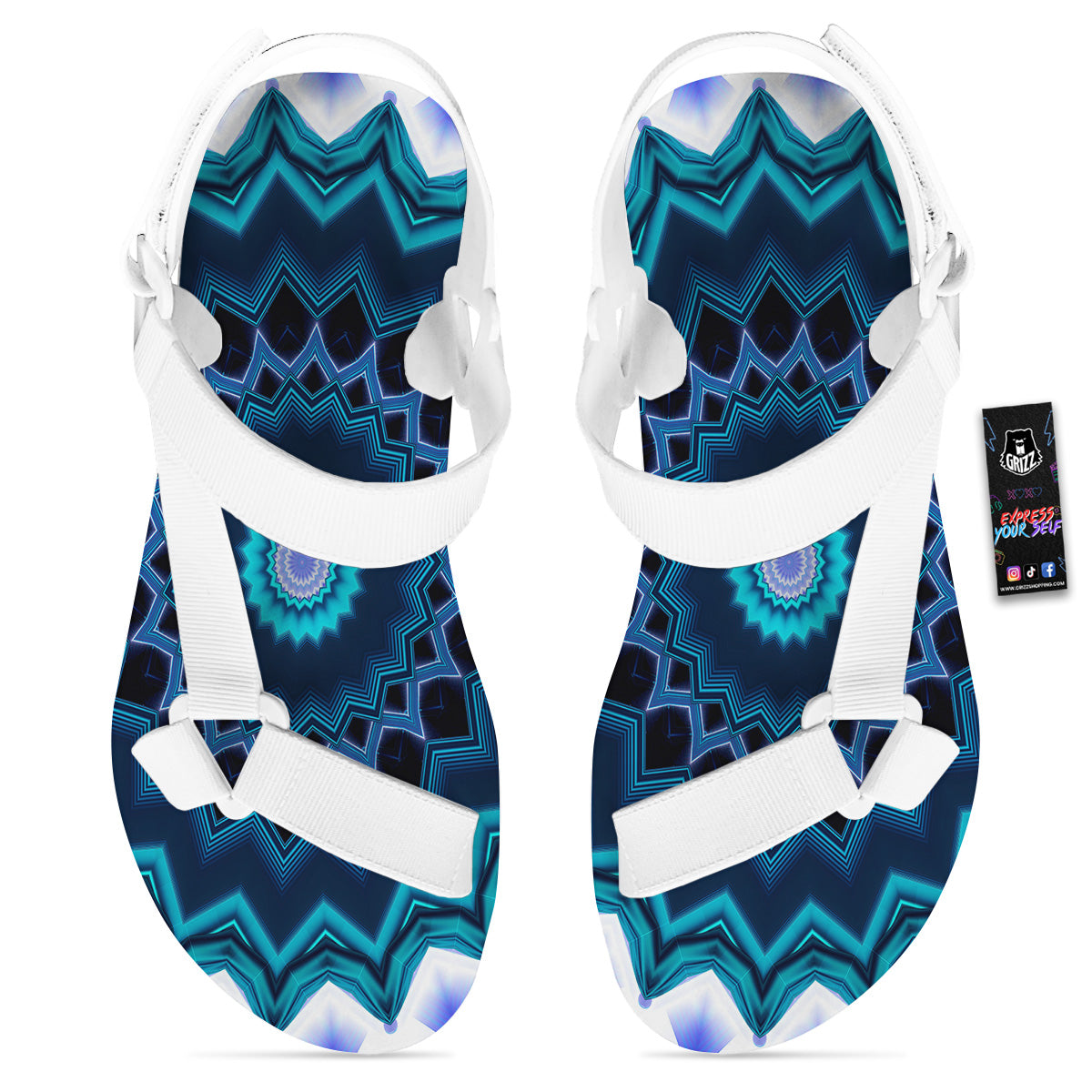 Kaleidoscope Blue Crystal Print White Open Toe Sandals-grizzshop