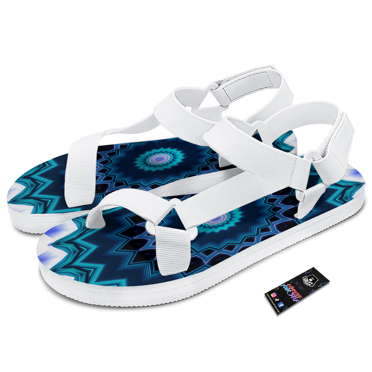 Kaleidoscope Blue Crystal Print White Open Toe Sandals-grizzshop