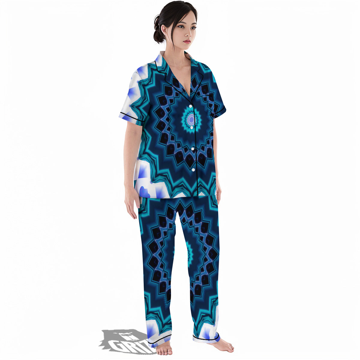 Kaleidoscope Blue Crystal Print Women's Pajamas Set-grizzshop