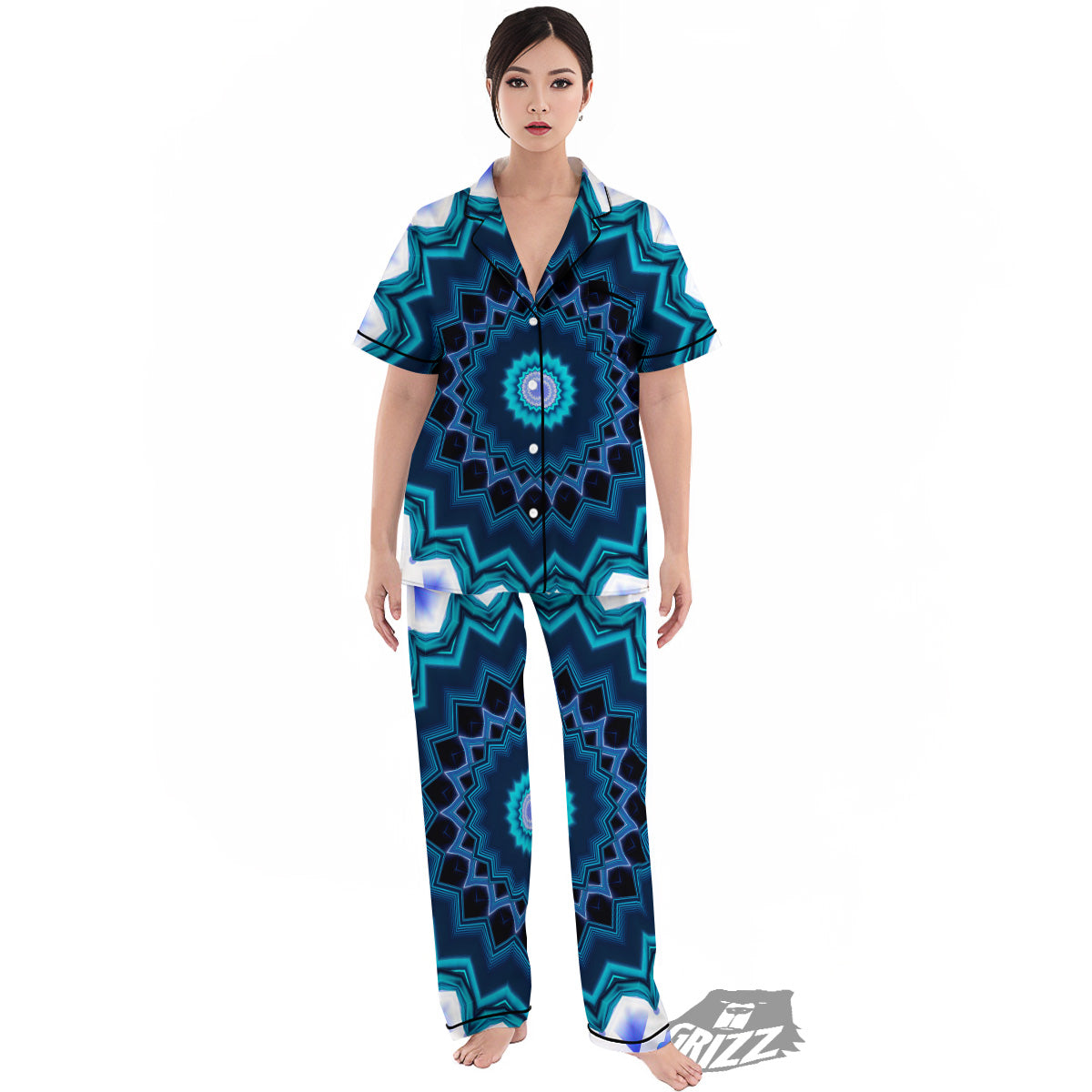 Kaleidoscope Blue Crystal Print Women's Pajamas Set-grizzshop