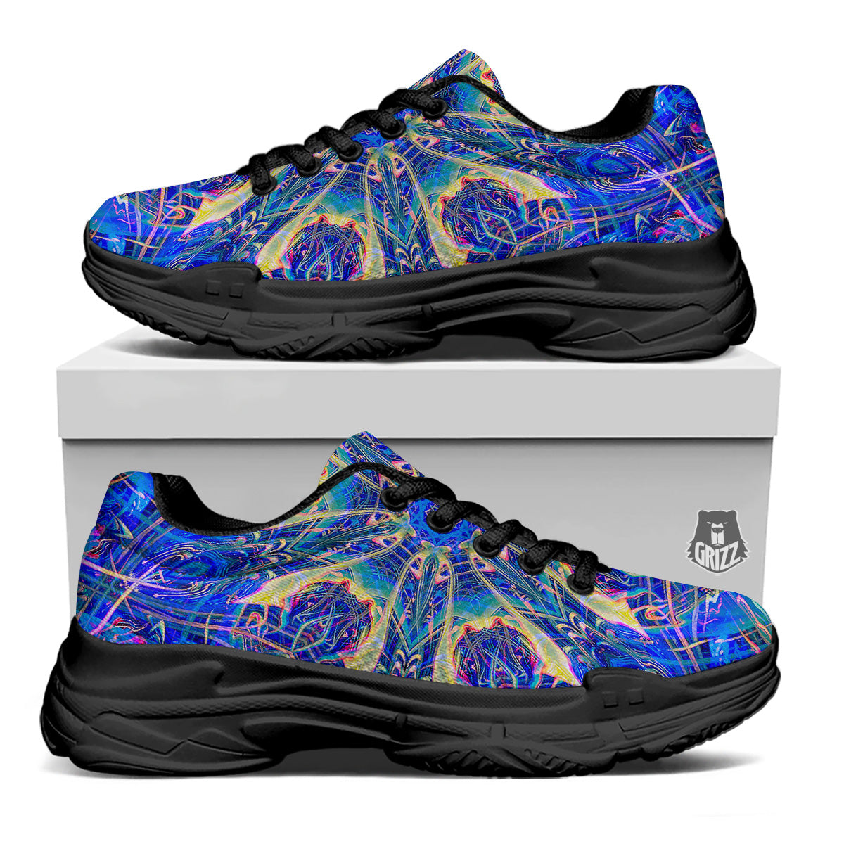 Kaleidoscope Blue Print Black Chunky Shoes-grizzshop