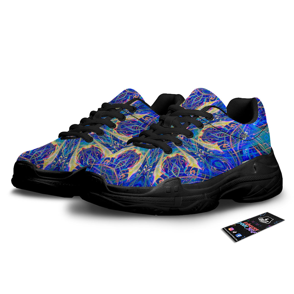 Kaleidoscope Blue Print Black Chunky Shoes-grizzshop