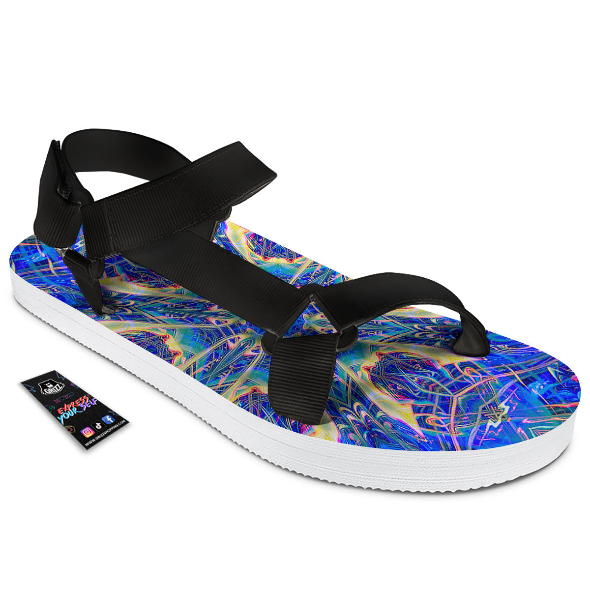 Kaleidoscope Blue Print Black Open Toe Sandals-grizzshop