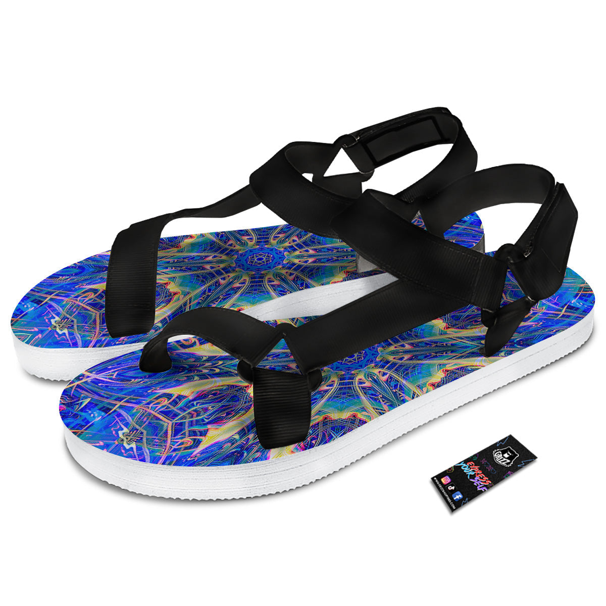 Kaleidoscope Blue Print Black Open Toe Sandals-grizzshop