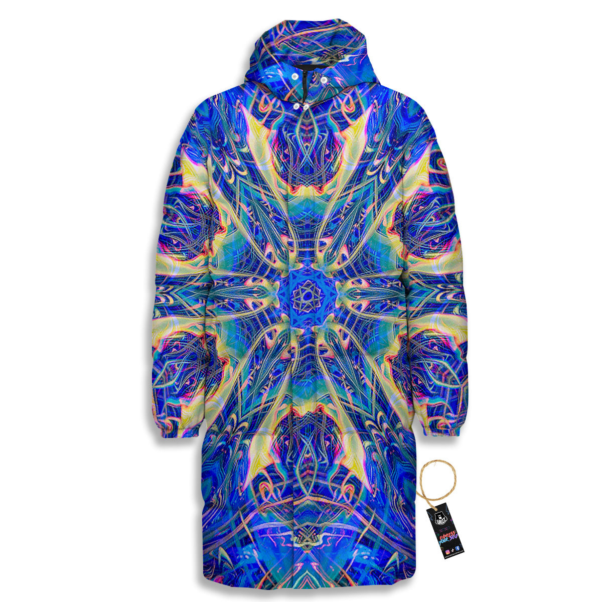 Kaleidoscope Blue Print Long Down Jacket-grizzshop
