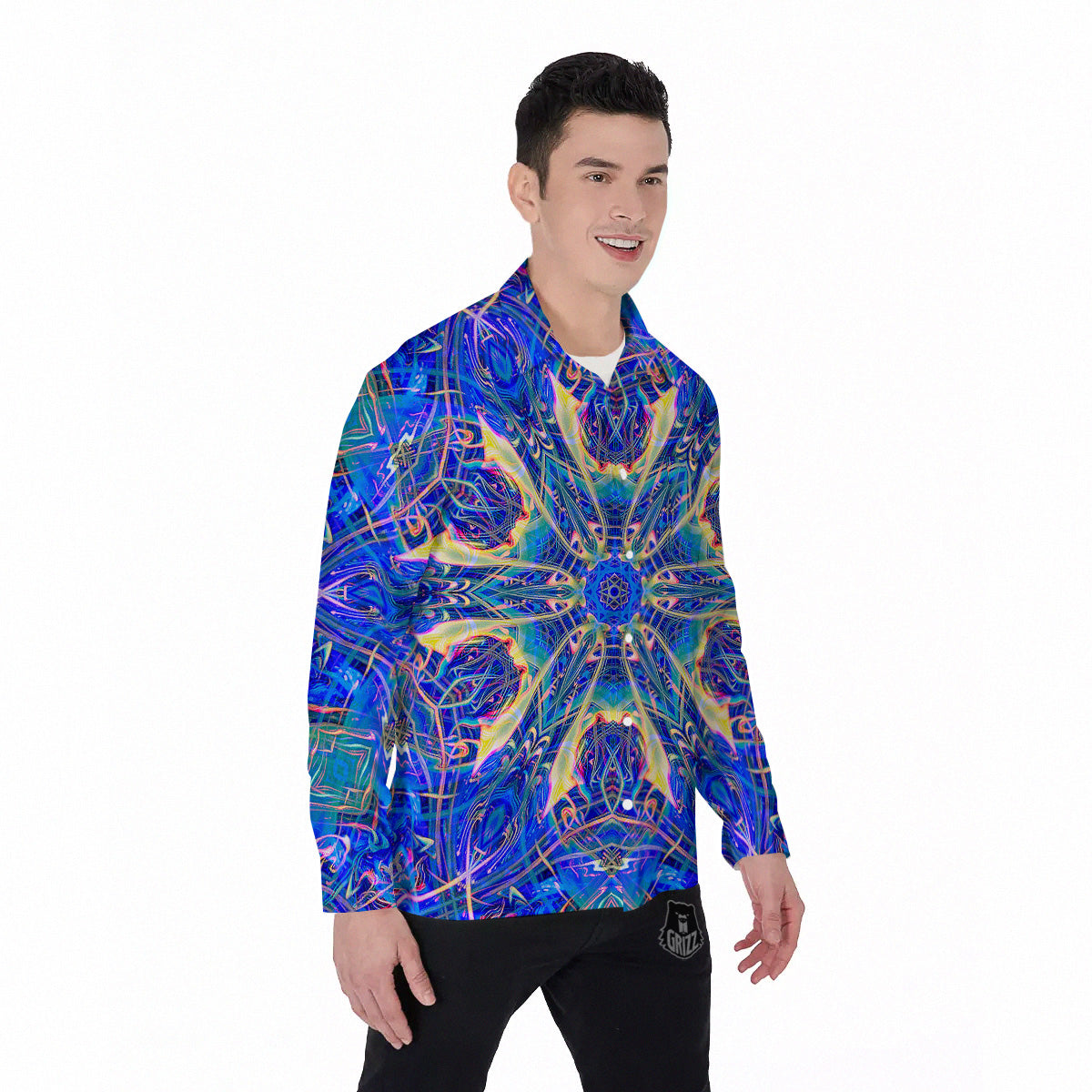 Kaleidoscope Blue Print Men's Long Sleeve Shirts-grizzshop