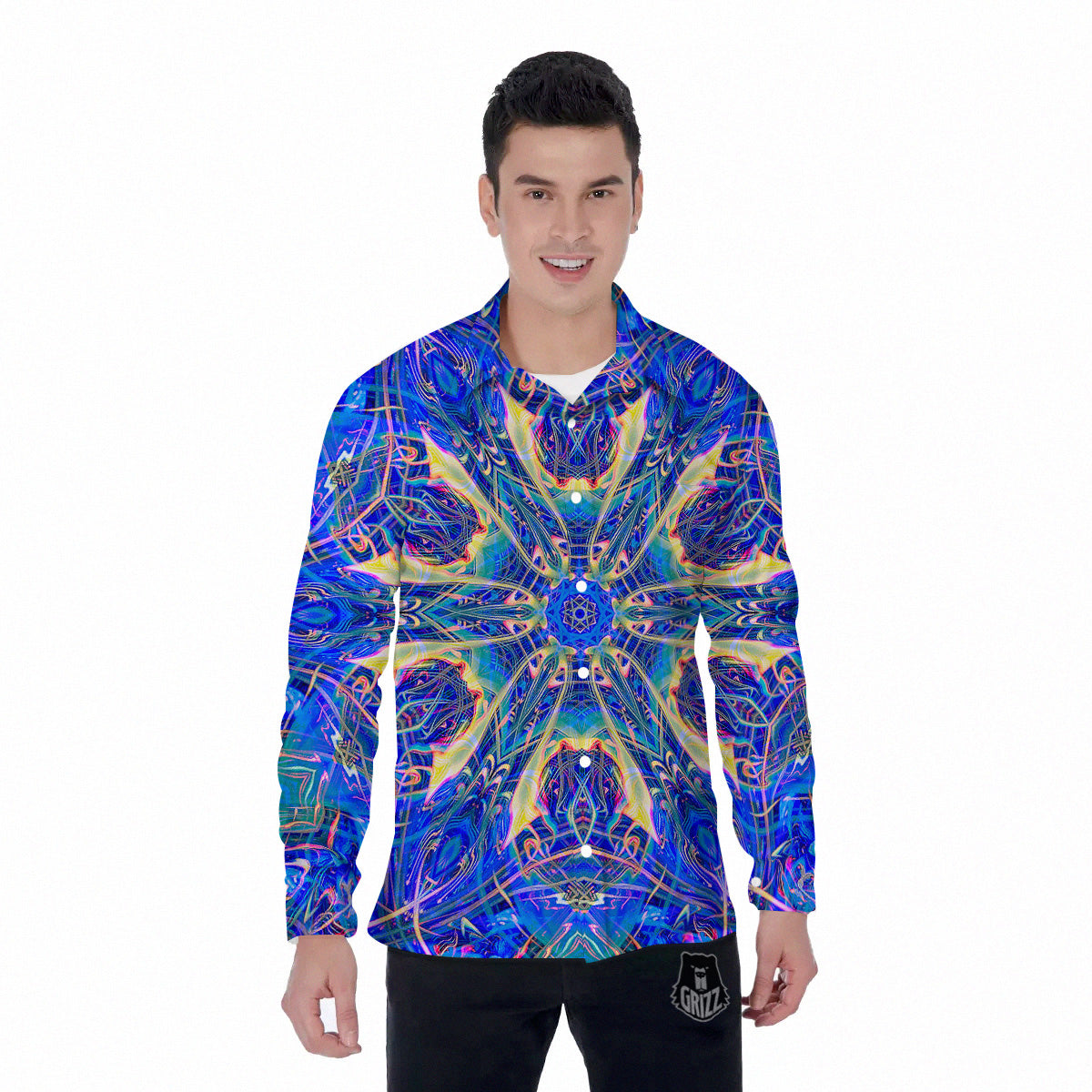 Kaleidoscope Blue Print Men's Long Sleeve Shirts-grizzshop