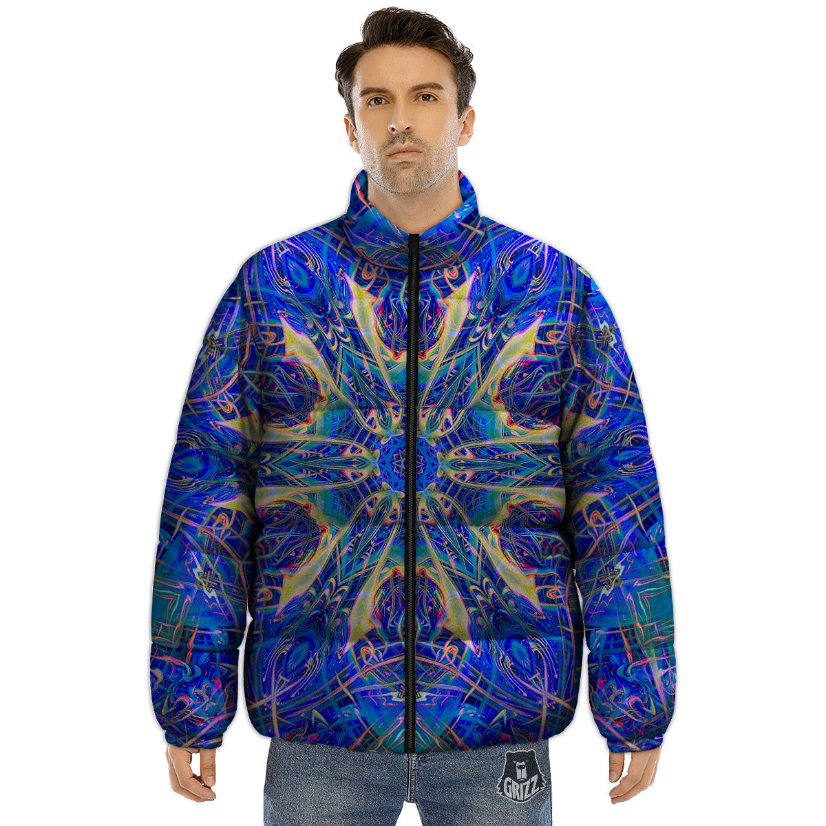 Kaleidoscope Blue Print Puffer Jacket-grizzshop