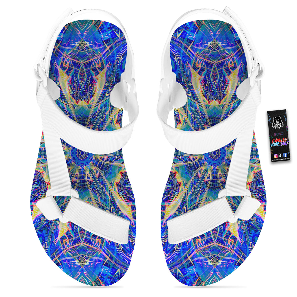 Kaleidoscope Blue Print White Open Toe Sandals-grizzshop
