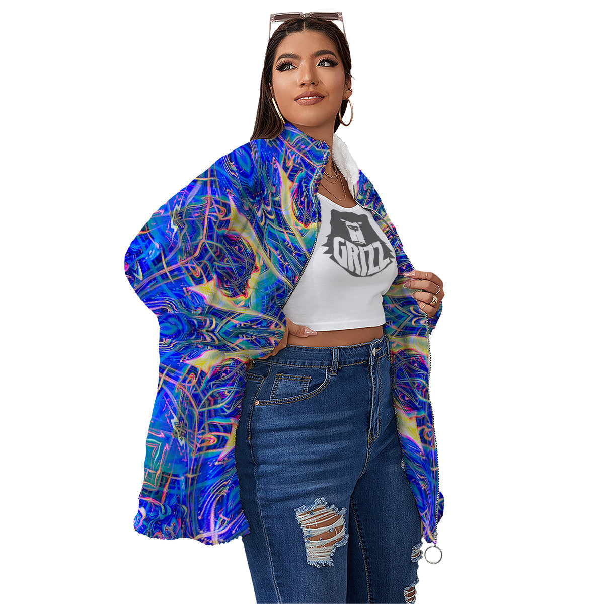 Kaleidoscope Blue Print Women's Sherpa Jacket-grizzshop