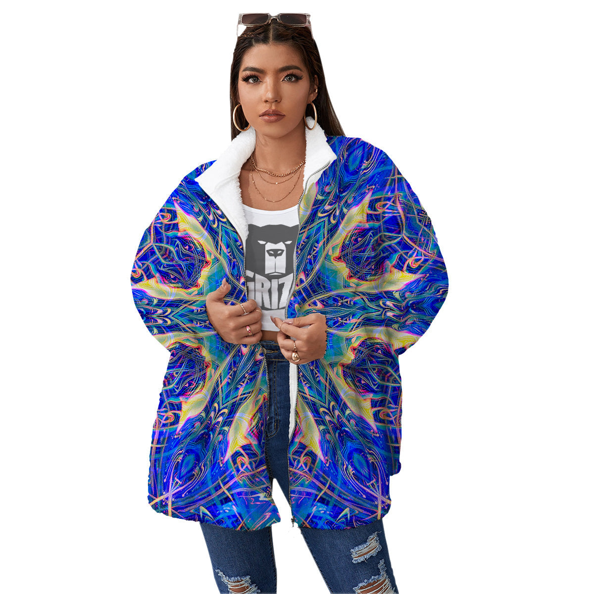 Kaleidoscope Blue Print Women's Sherpa Jacket-grizzshop
