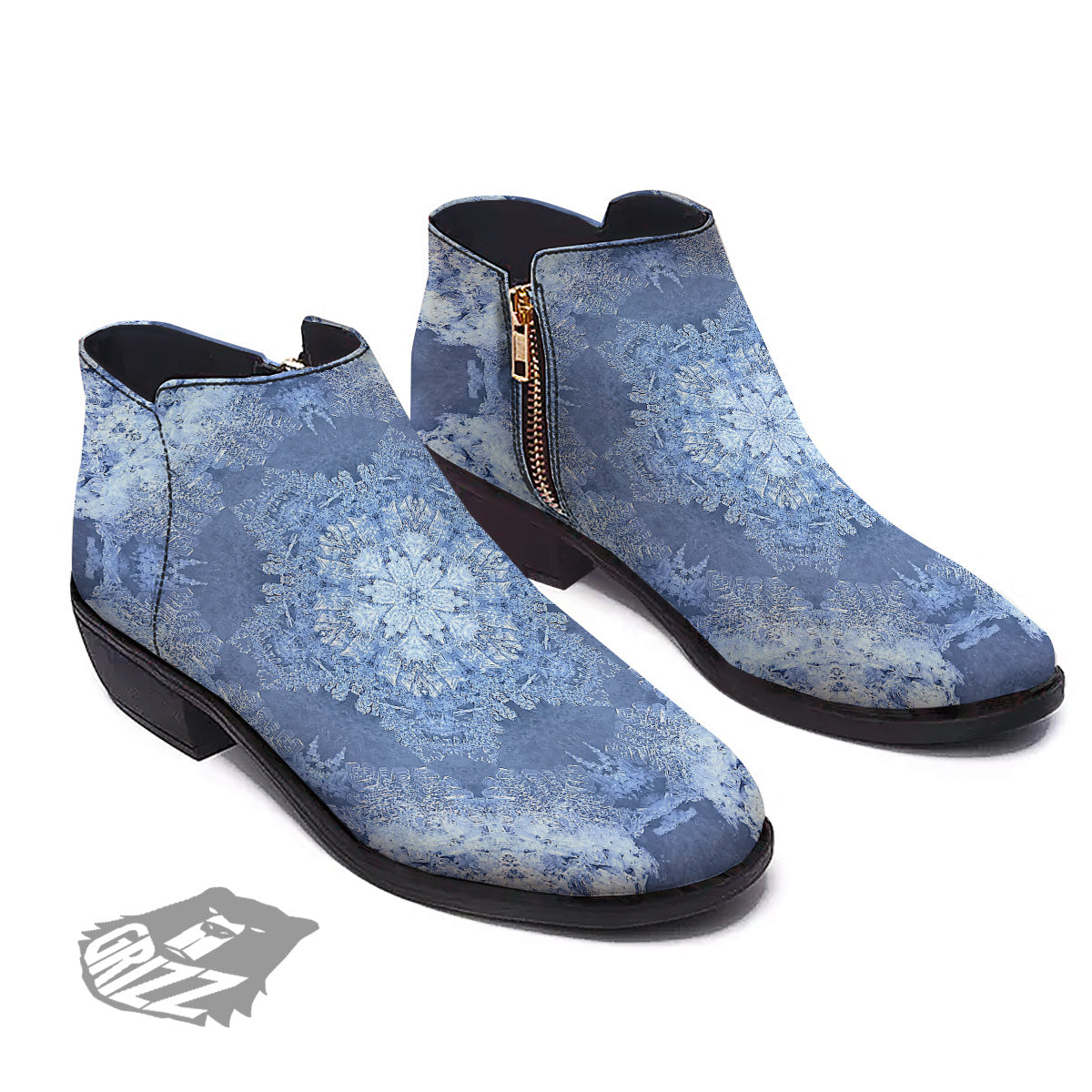 Kaleidoscope Blue Snowflake Print Ankle Boots-grizzshop