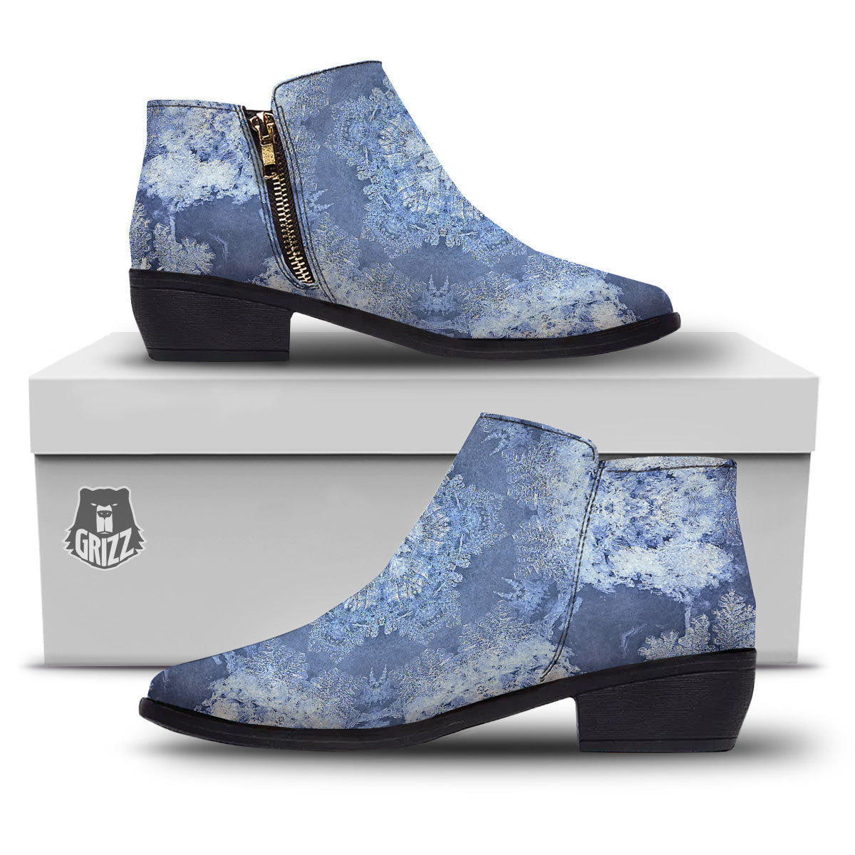 Kaleidoscope Blue Snowflake Print Ankle Boots-grizzshop