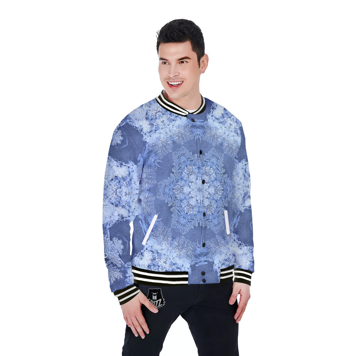 Kaleidoscope Blue Snowflake Print Baseball Jacket-grizzshop
