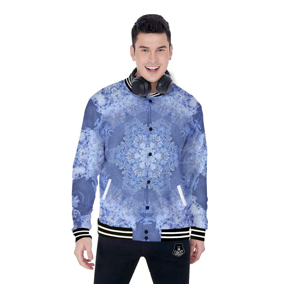Kaleidoscope Blue Snowflake Print Baseball Jacket-grizzshop