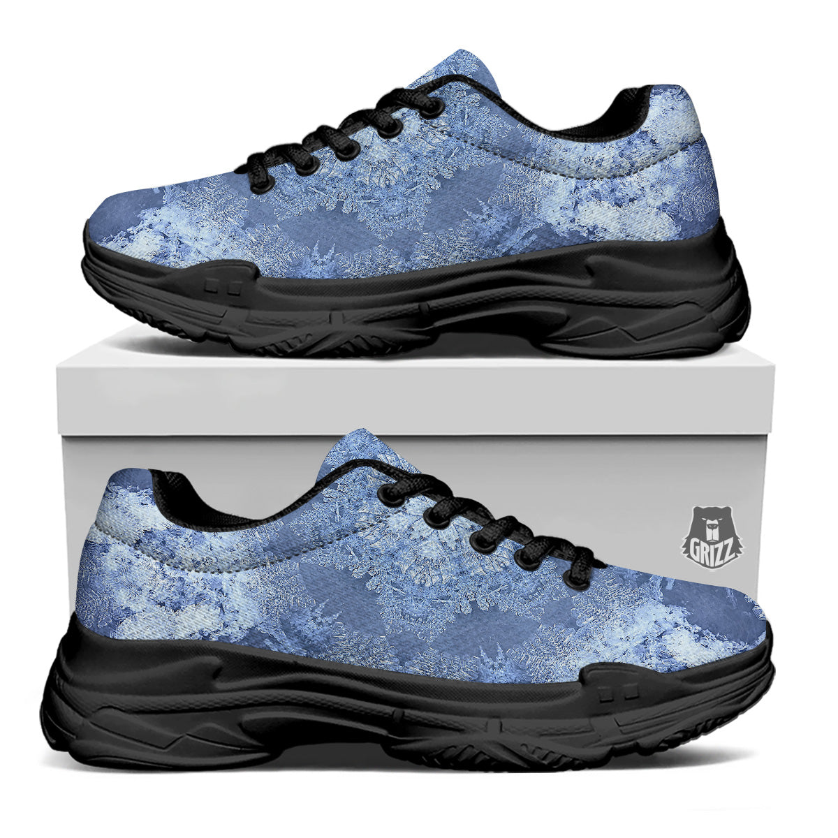 Kaleidoscope Blue Snowflake Print Black Chunky Shoes-grizzshop