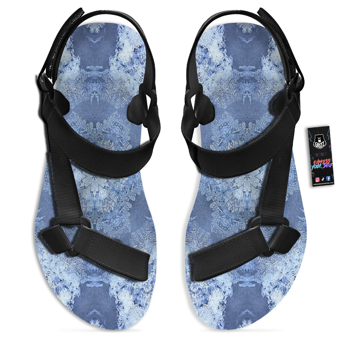Kaleidoscope Blue Snowflake Print Black Open Toe Sandals-grizzshop