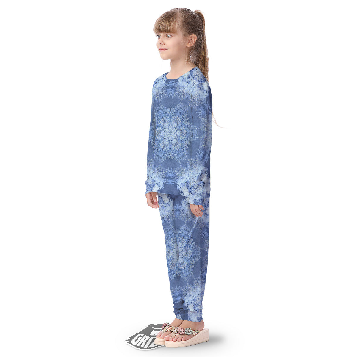 Kaleidoscope Blue Snowflake Print Kid's Pajamas-grizzshop