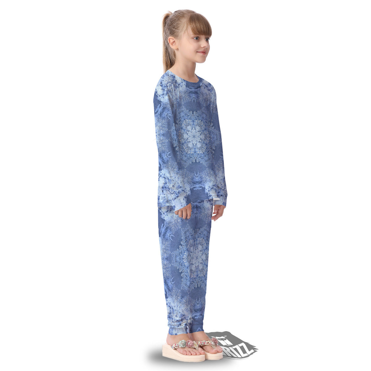 Kaleidoscope Blue Snowflake Print Kid's Pajamas-grizzshop