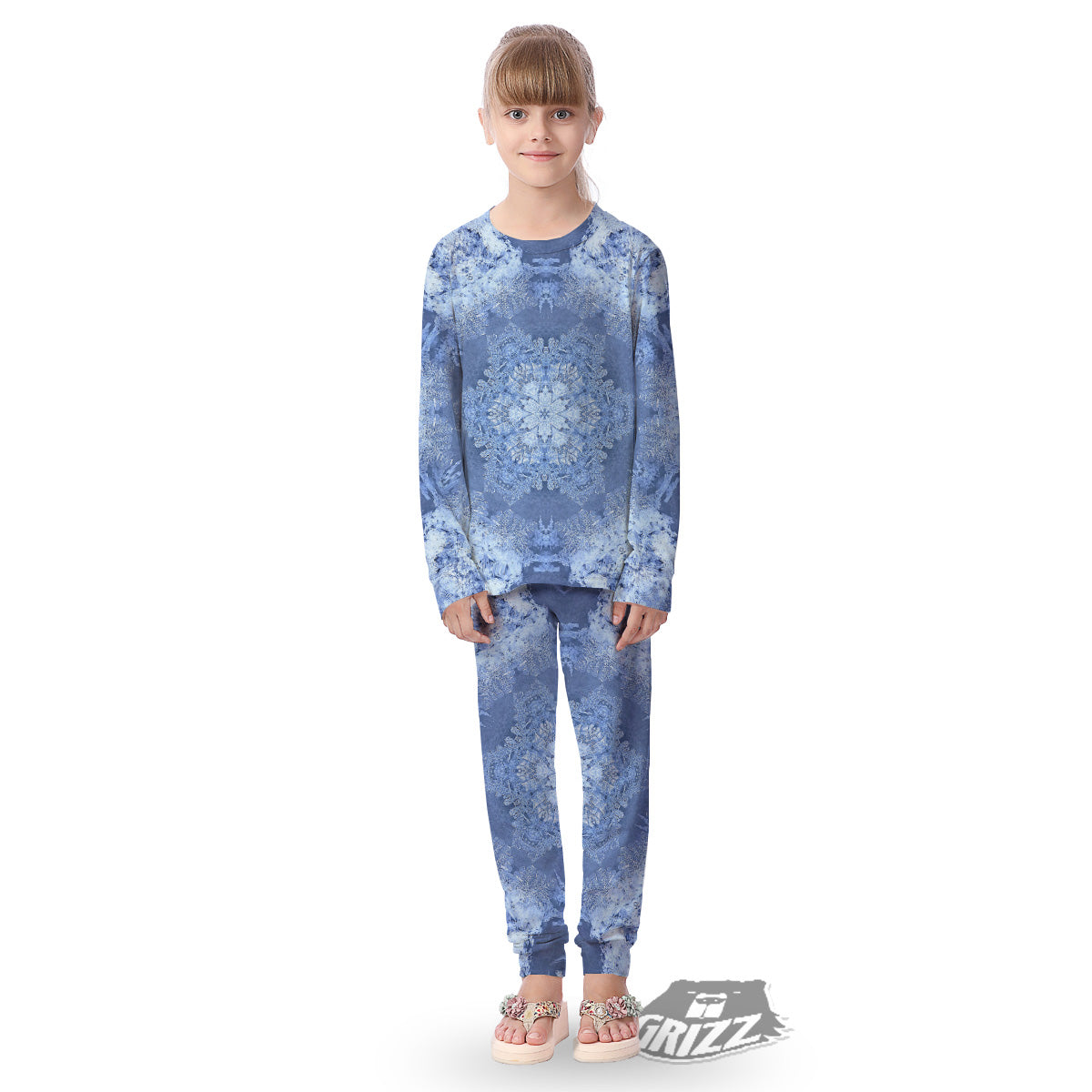 Kaleidoscope Blue Snowflake Print Kid's Pajamas-grizzshop