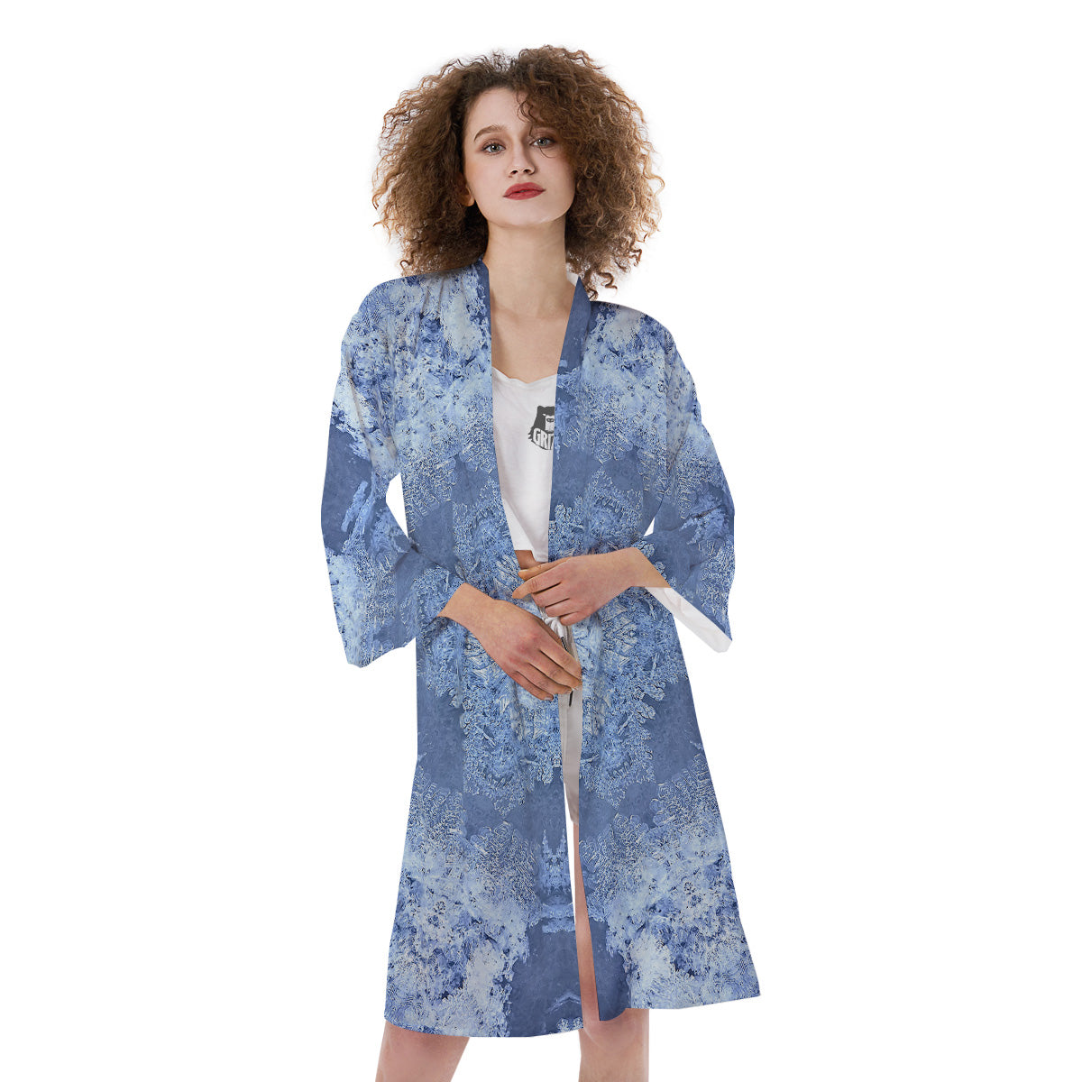 Kaleidoscope Blue Snowflake Print Kimono-grizzshop