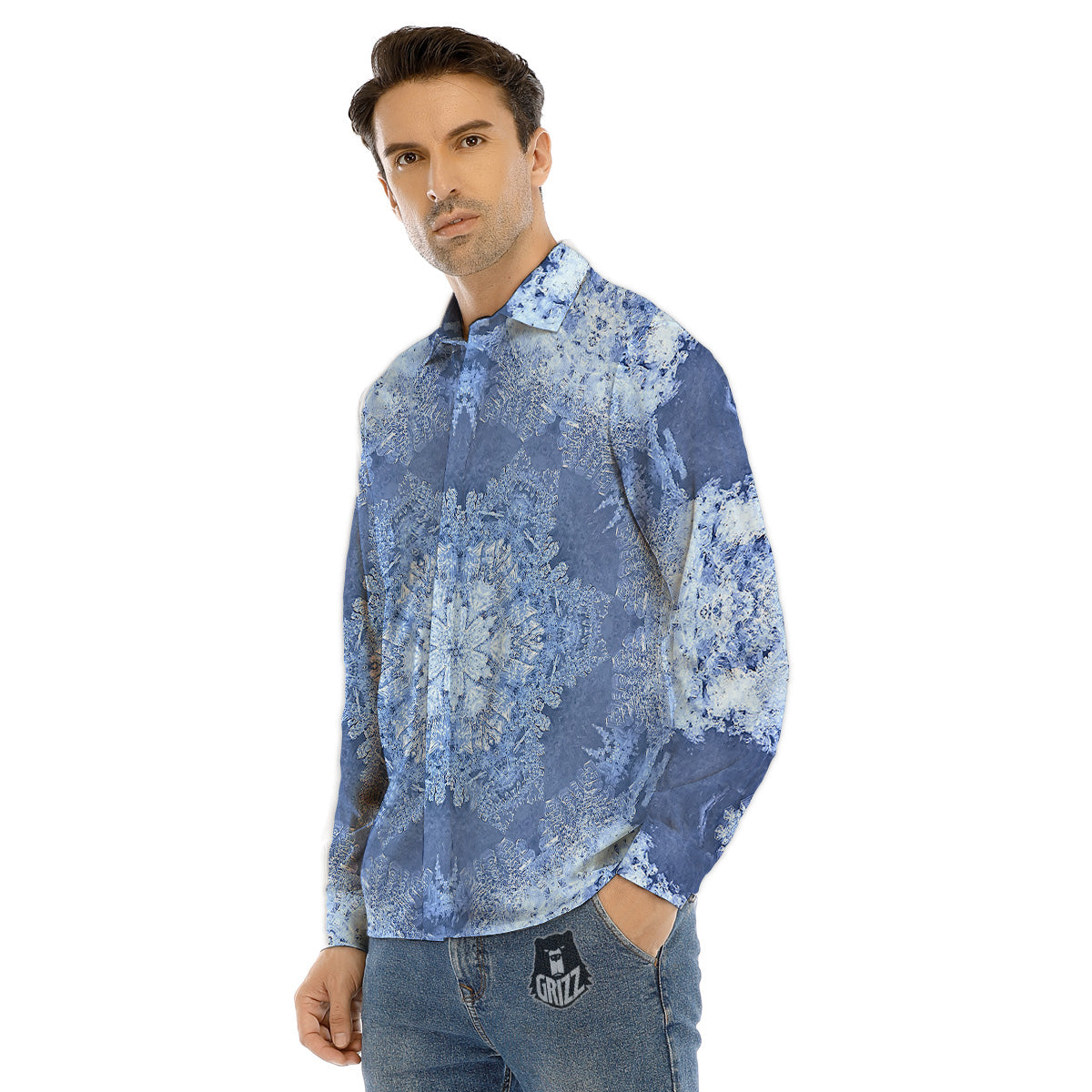 Kaleidoscope Blue Snowflake Print Men's Dress Shirts-grizzshop