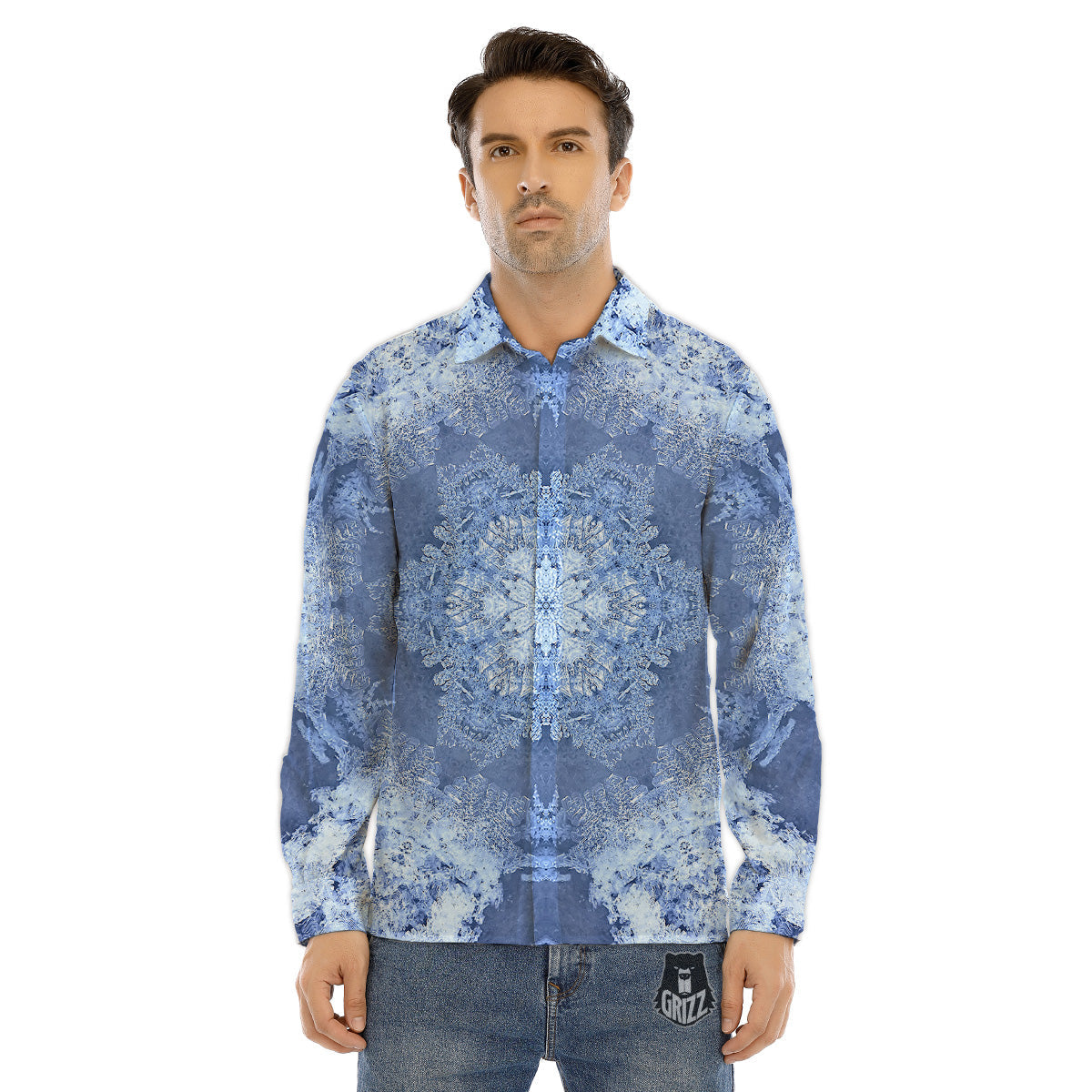 Kaleidoscope Blue Snowflake Print Men's Dress Shirts-grizzshop