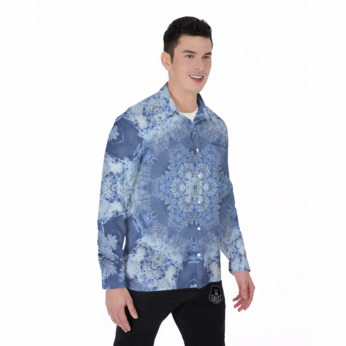 Kaleidoscope Blue Snowflake Print Men's Long Sleeve Shirts-grizzshop