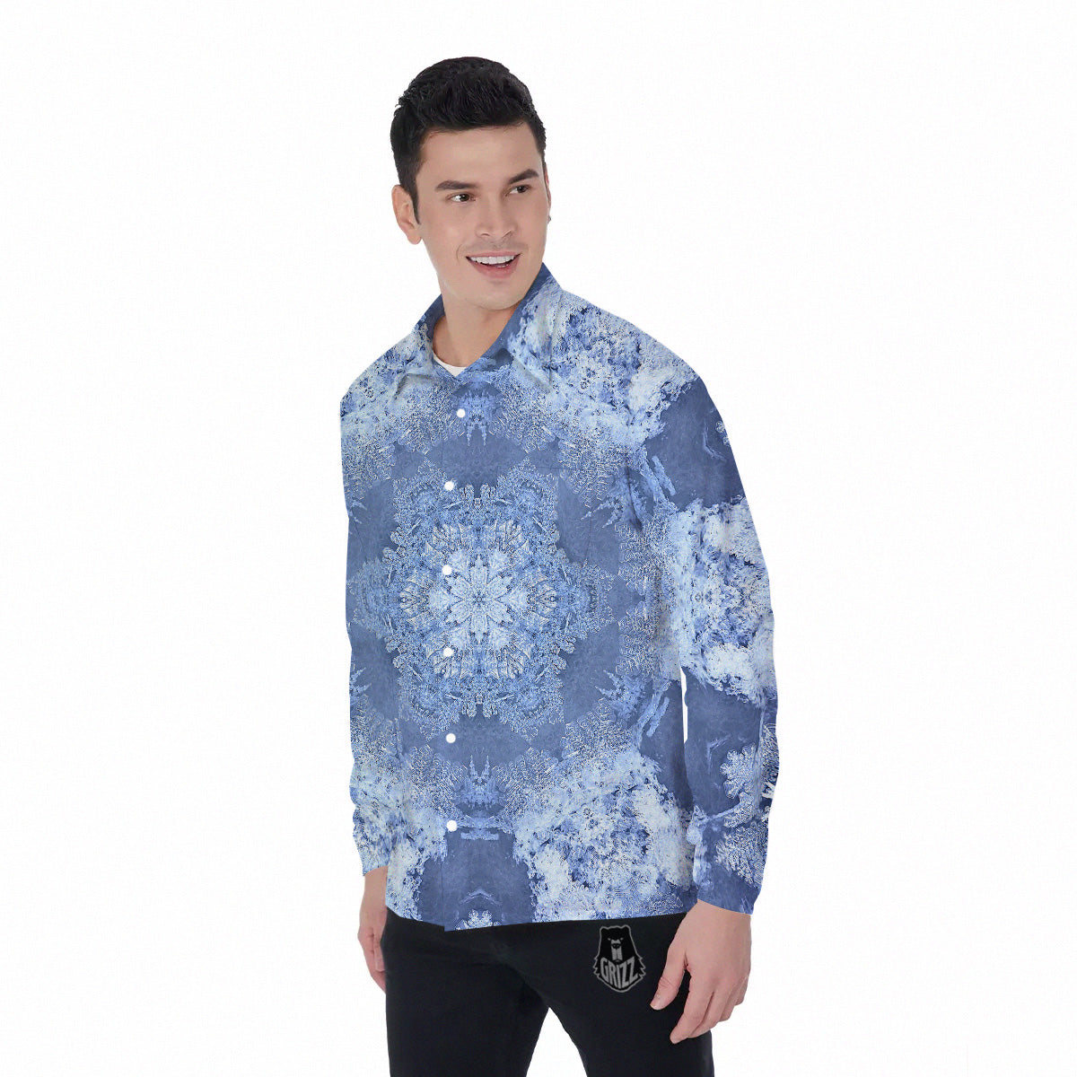 Kaleidoscope Blue Snowflake Print Men's Long Sleeve Shirts-grizzshop