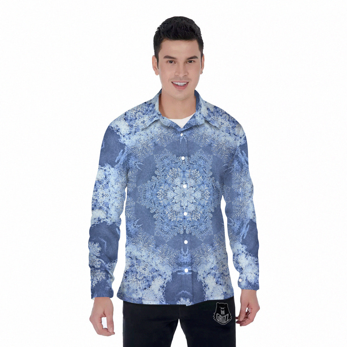 Kaleidoscope Blue Snowflake Print Men's Long Sleeve Shirts-grizzshop
