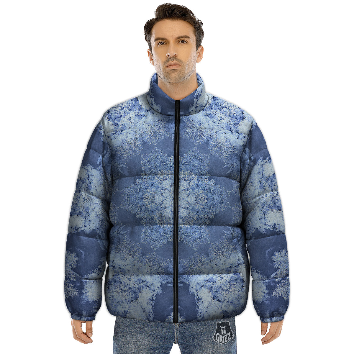 Kaleidoscope Blue Snowflake Print Puffer Jacket-grizzshop