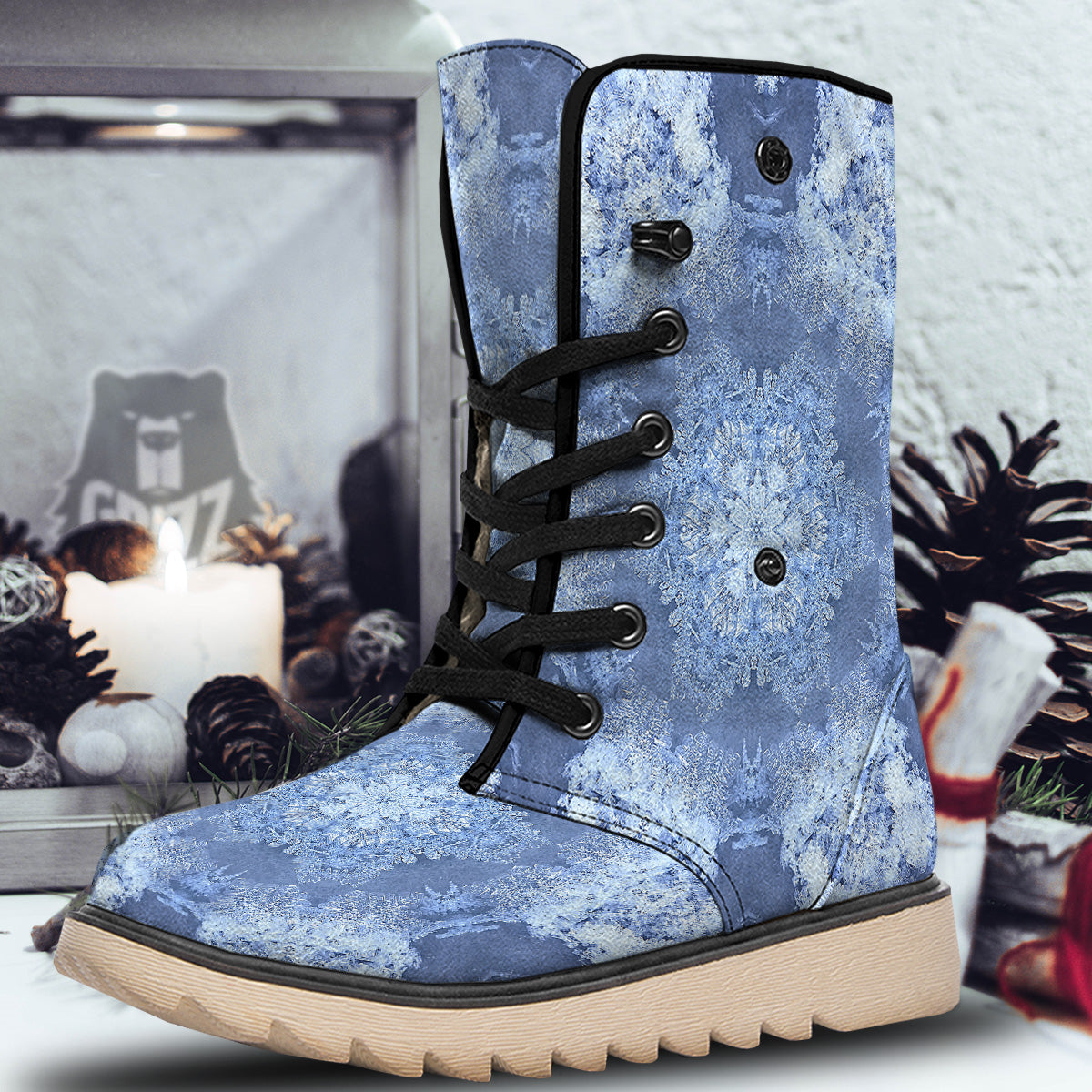 Kaleidoscope Blue Snowflake Print Snow Boots-grizzshop