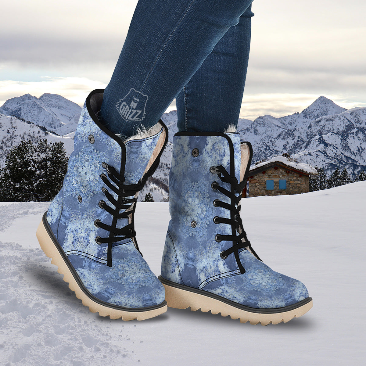 Kaleidoscope Blue Snowflake Print Snow Boots-grizzshop