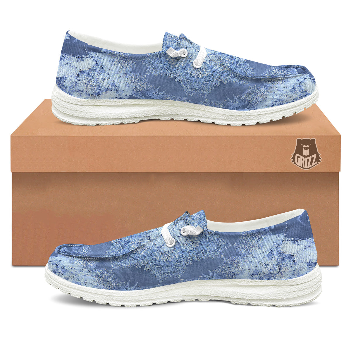 Kaleidoscope Blue Snowflake Print White Loafers-grizzshop