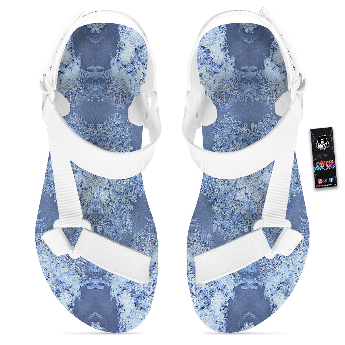 Kaleidoscope Blue Snowflake Print White Open Toe Sandals-grizzshop