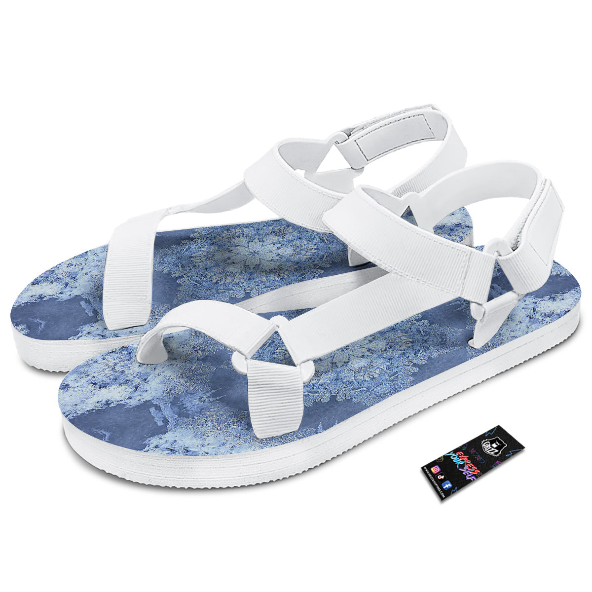 Kaleidoscope Blue Snowflake Print White Open Toe Sandals-grizzshop