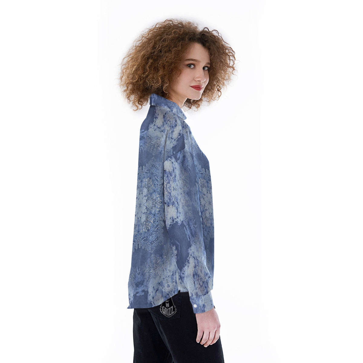 Kaleidoscope Blue Snowflake Print Women's Long Sleeve Shirts-grizzshop