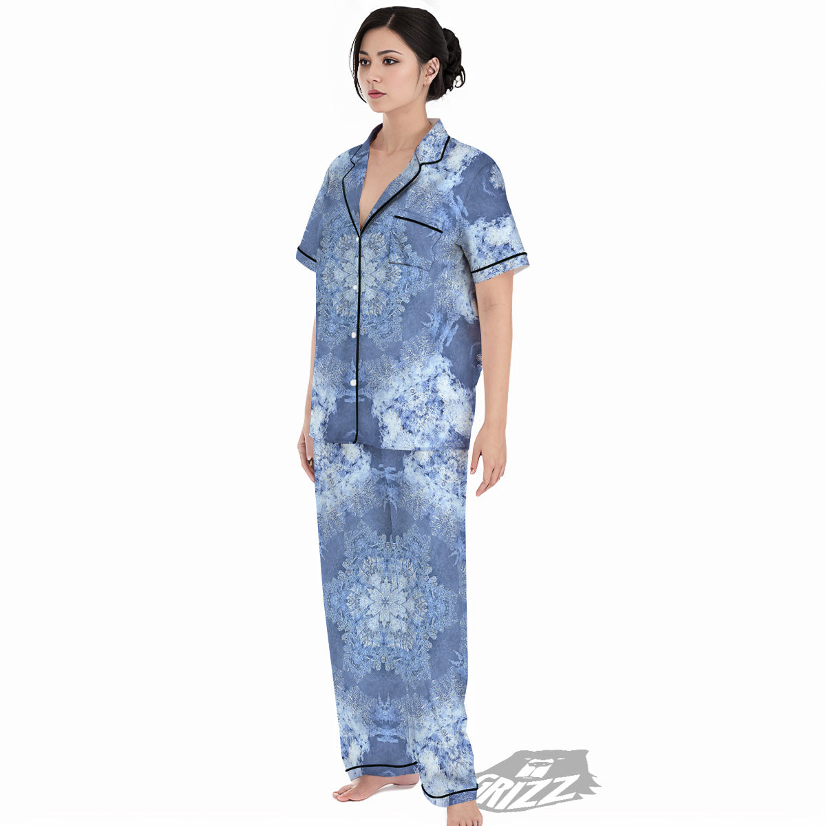 Kaleidoscope Blue Snowflake Print Women's Pajamas Set-grizzshop