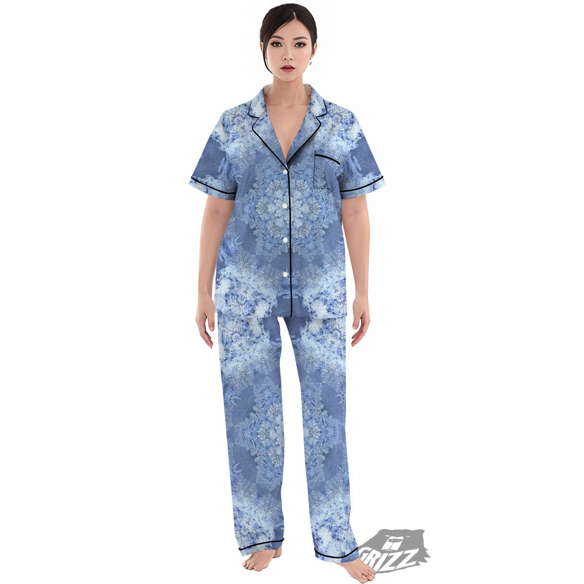 Kaleidoscope Blue Snowflake Print Women's Pajamas Set-grizzshop